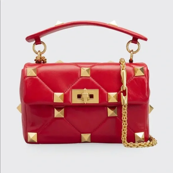 VALENTINO GARAVANI Roman Stud Medium Quilted Chain Shoulder Bag Red - Picture 1 of 16